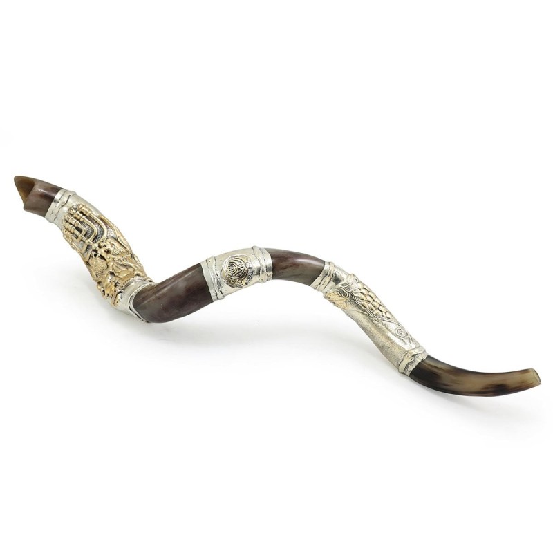 Sterling Silver Plated Yemenite Kudu Shofar - Menorah (Choice of Sizes