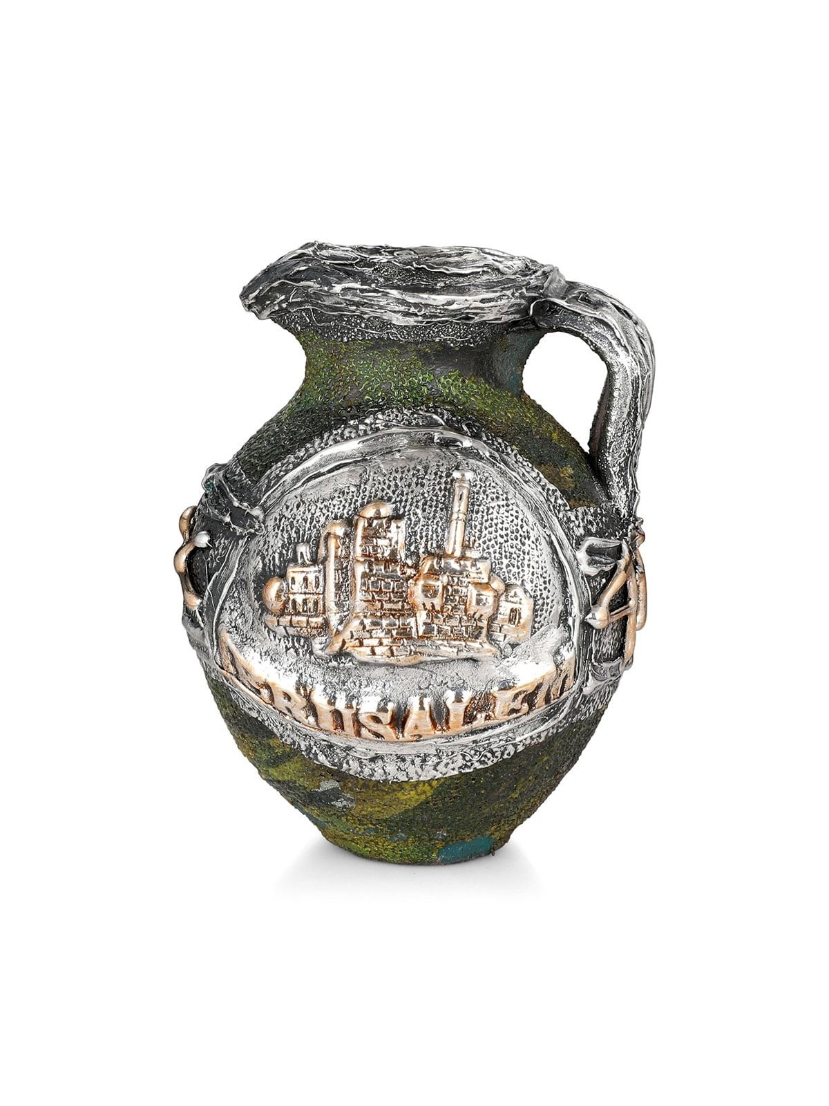 Handcrafted Green Ornamental Ceramic Pitcher With Sterling Silver Jeru