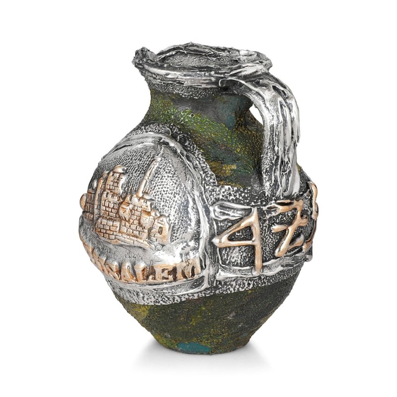 Handcrafted Green Ornamental Ceramic Pitcher With Sterling Silver Jeru