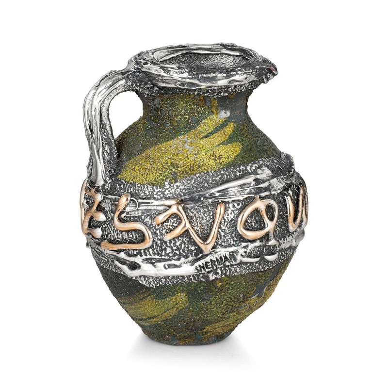 Handcrafted Green Ornamental Ceramic Pitcher With Sterling Silver Jeru