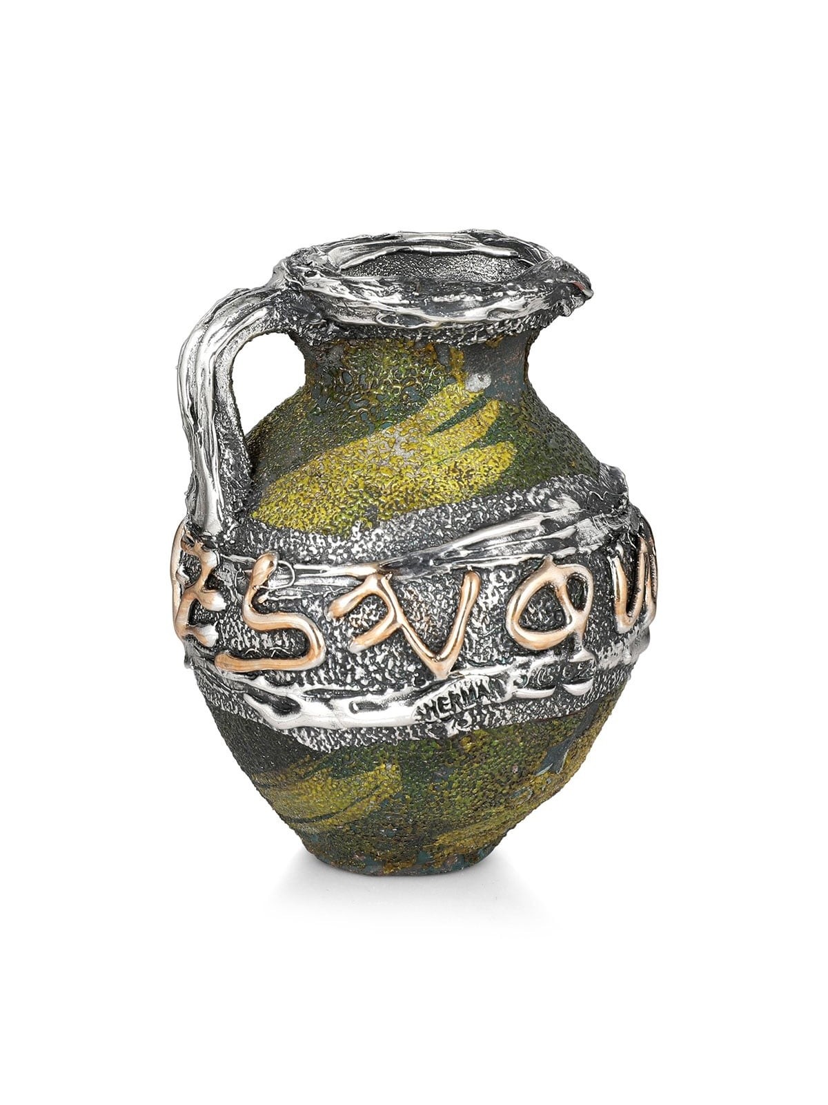 Handcrafted Green Ornamental Ceramic Pitcher With Sterling Silver Jeru