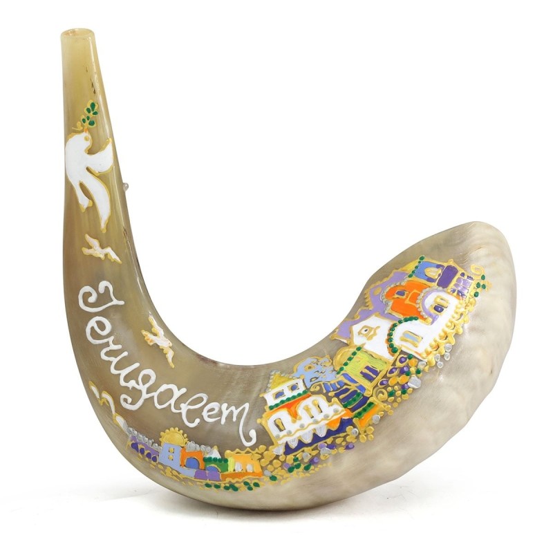 Hand Painted Jerusalem and Dove Shofar