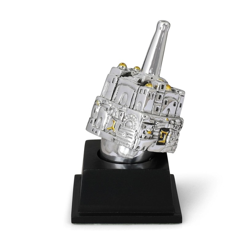 Large Silver-Plated Dreidel With Jerusalem Design