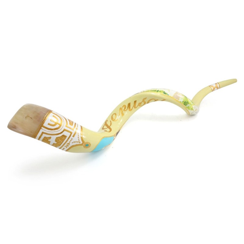 Jerusalem with Star of David and Menorah Hand Painted Kudu Shofar