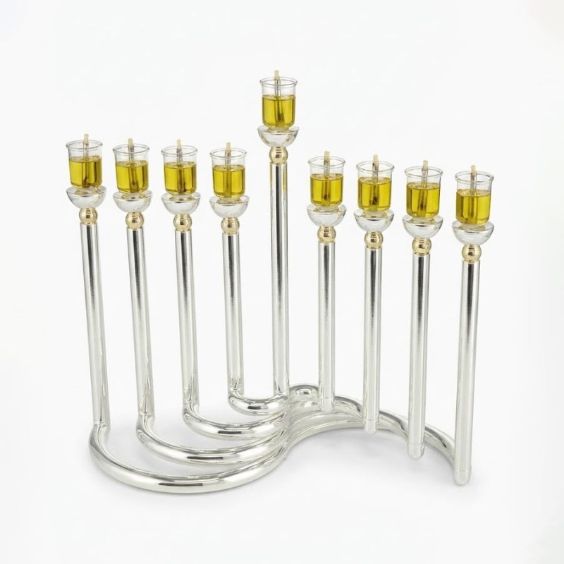 Modern Style Circular Silver-Plated Oil Hanukkah Menorah by Hazorfim