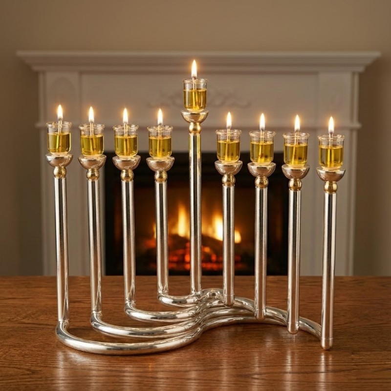 Modern Style Circular Silver-Plated Oil Hanukkah Menorah by Hazorfim