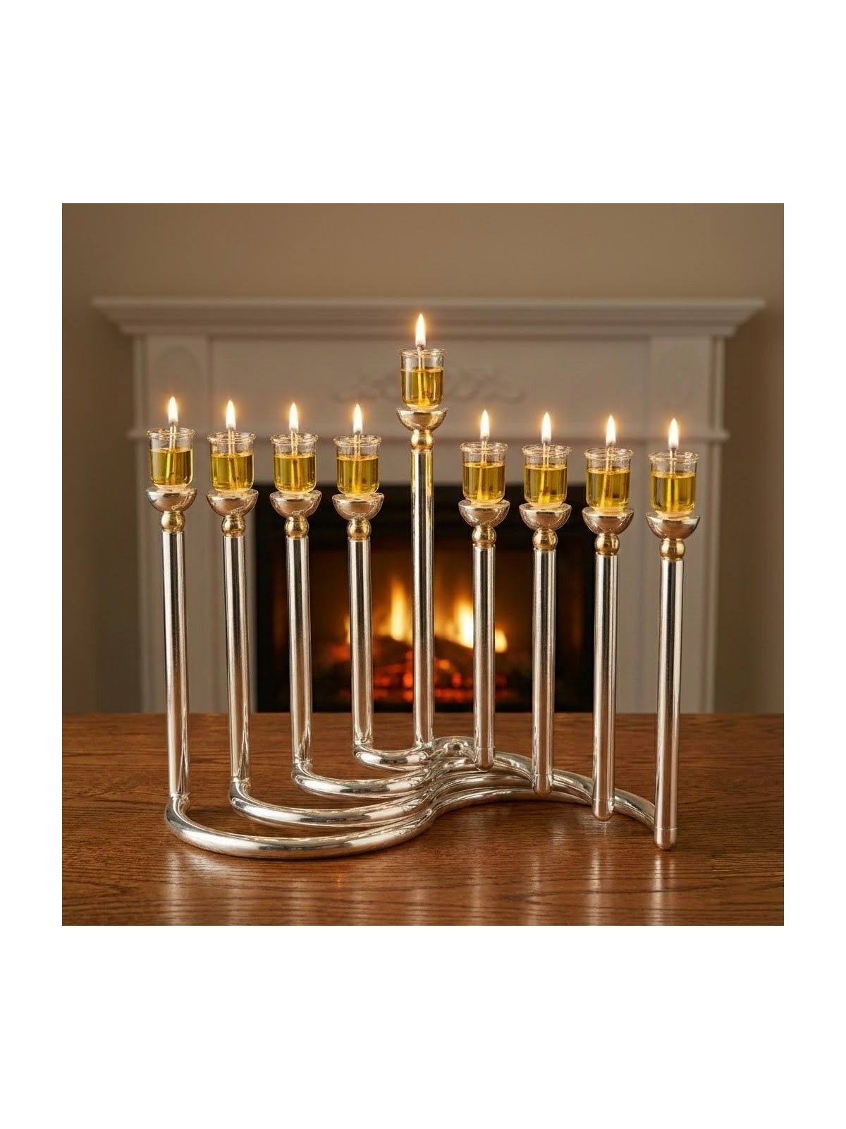 Modern Style Circular Silver-Plated Oil Hanukkah Menorah by Hazorfim