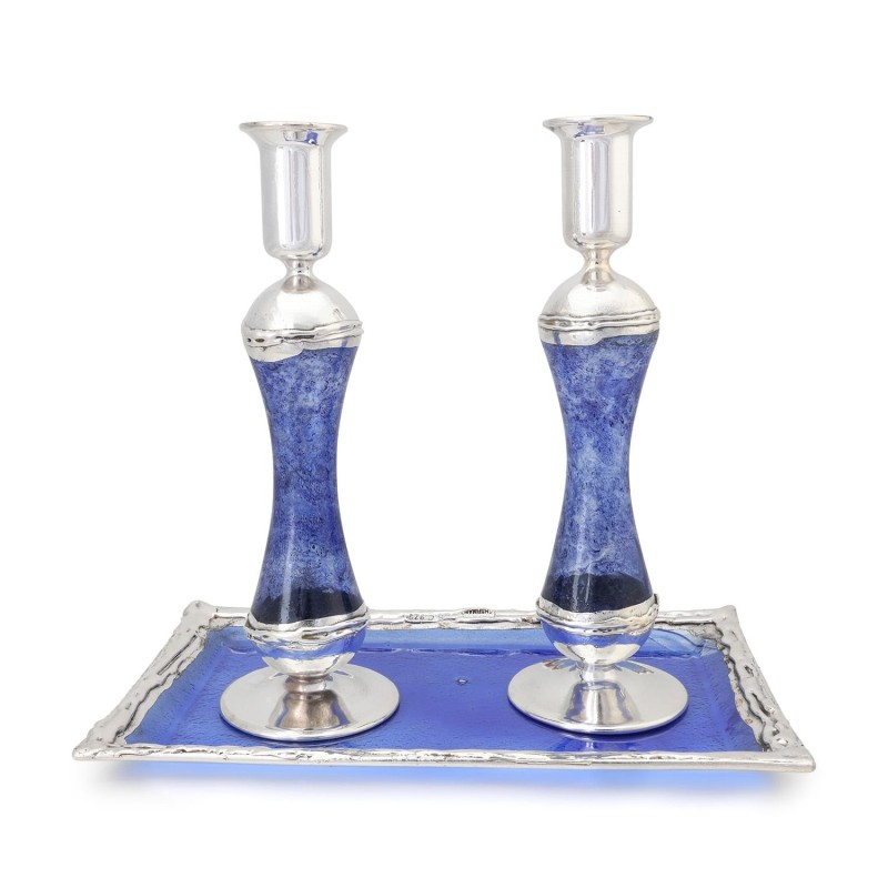 Large Sterling Silver-Plated Glass Shabbat Candlesticks (Blue)