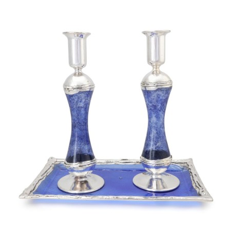 Large Sterling Silver-Plated Glass Shabbat Candlesticks (Blue)