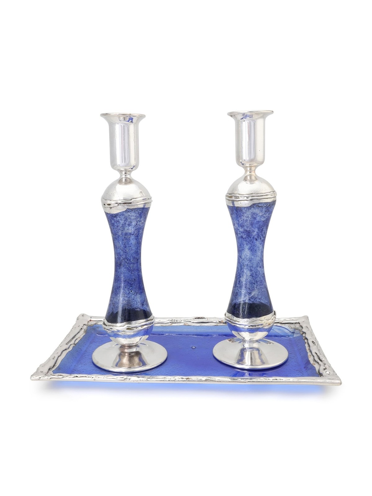 Large Sterling Silver-Plated Glass Shabbat Candlesticks (Blue)