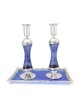 Large Sterling Silver-Plated Glass Shabbat Candlesticks (Blue)