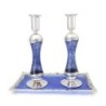 Large Sterling Silver-Plated Glass Shabbat Candlesticks (Blue)