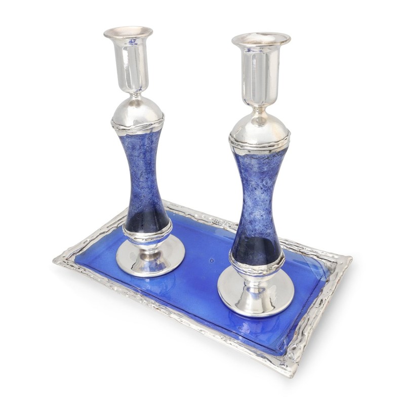 Large Sterling Silver-Plated Glass Shabbat Candlesticks (Blue)