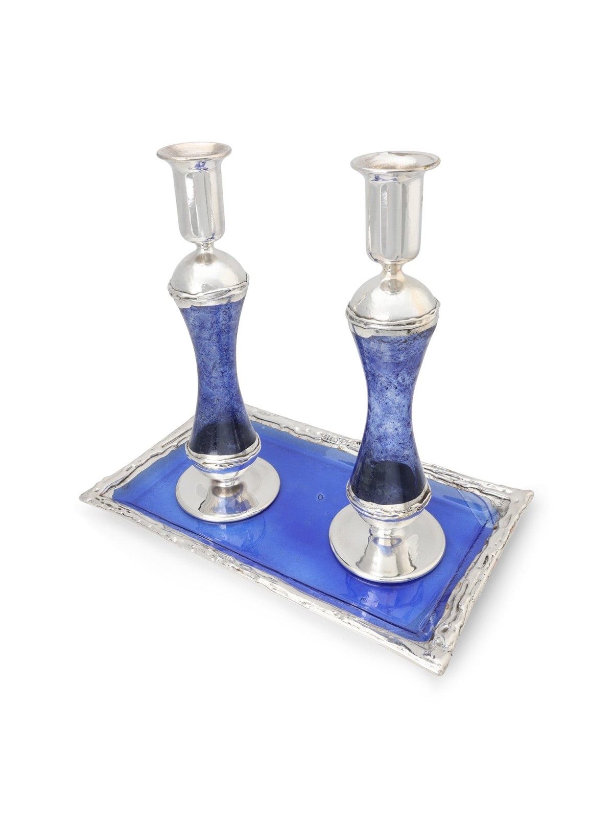 Large Sterling Silver-Plated Glass Shabbat Candlesticks (Blue)