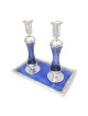 Large Sterling Silver-Plated Glass Shabbat Candlesticks (Blue)