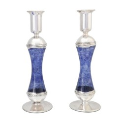 Large Sterling Silver-Plated Glass Shabbat Candlesticks (Blue)