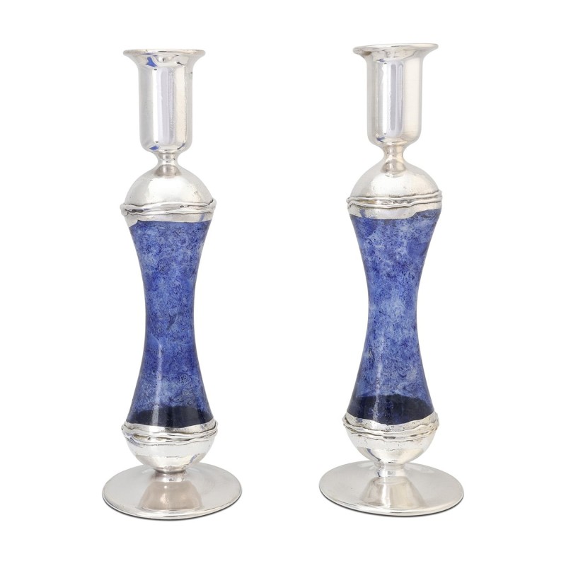 Large Sterling Silver-Plated Glass Shabbat Candlesticks (Blue)