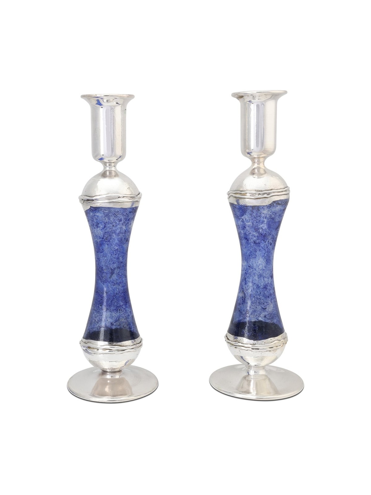 Large Sterling Silver-Plated Glass Shabbat Candlesticks (Blue)
