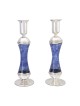 Large Sterling Silver-Plated Glass Shabbat Candlesticks (Blue)