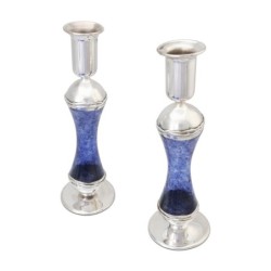 Large Sterling Silver-Plated Glass Shabbat Candlesticks (Blue)