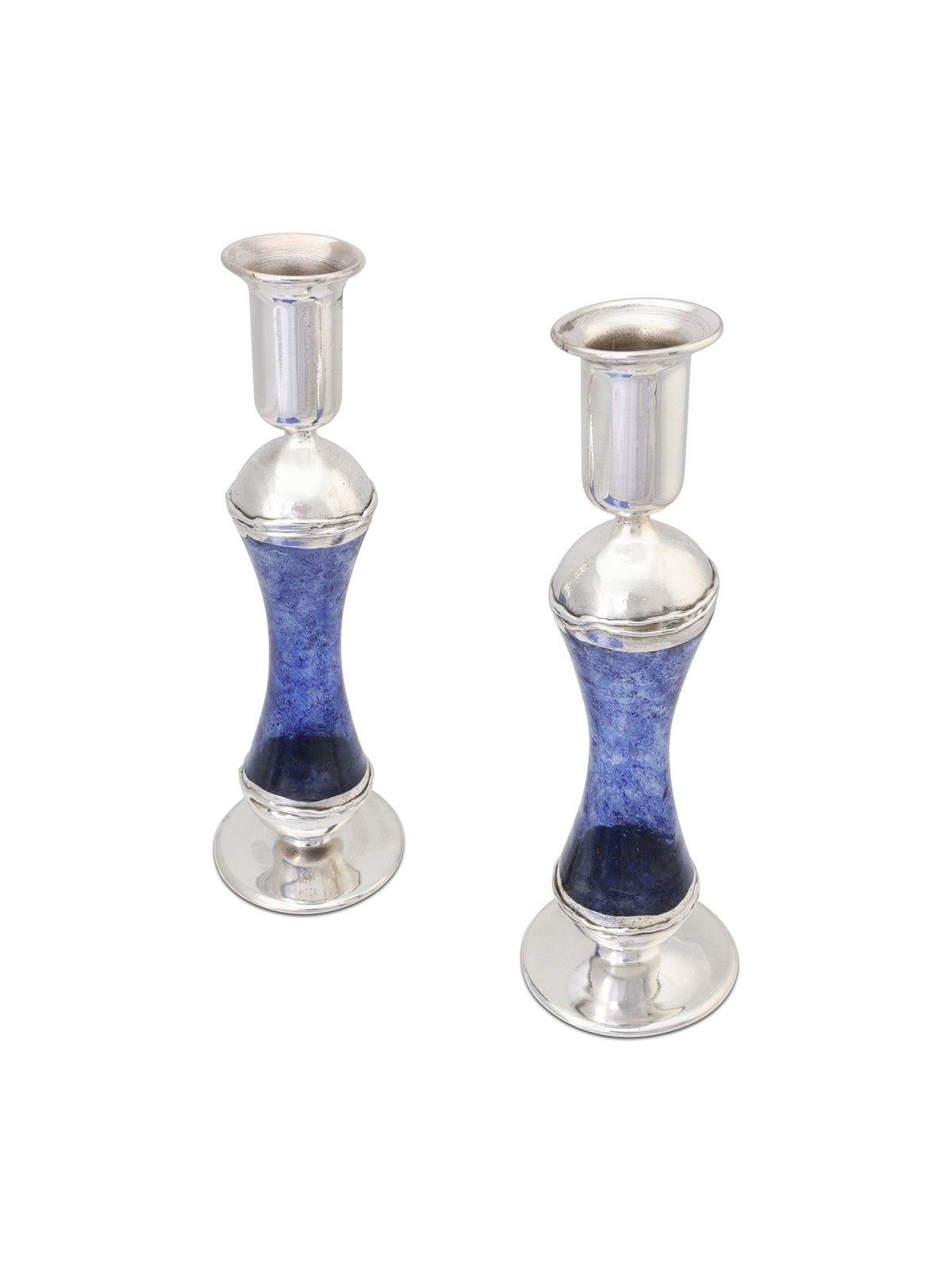 Large Sterling Silver-Plated Glass Shabbat Candlesticks (Blue)