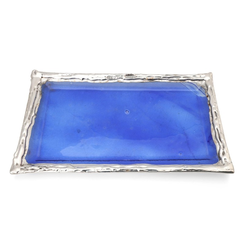 Large Sterling Silver-Plated Glass Shabbat Candlesticks (Blue)