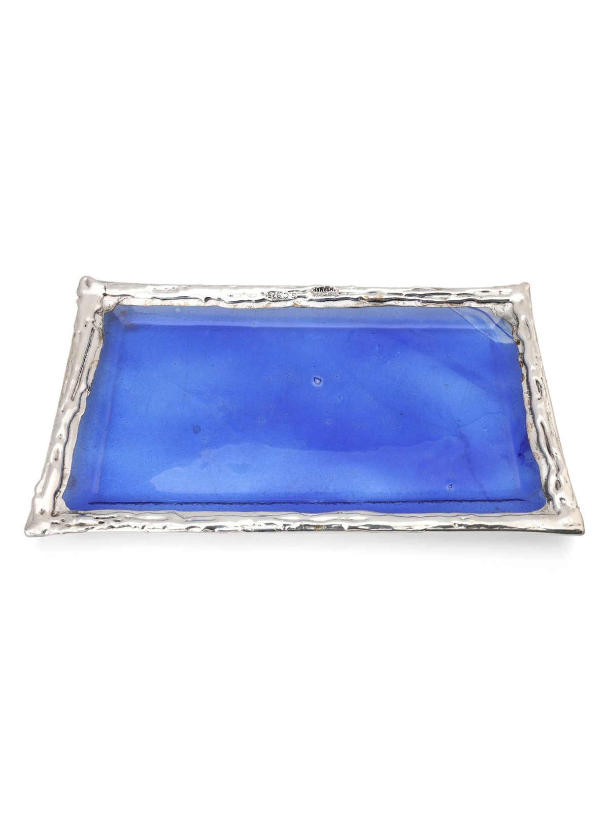 Large Sterling Silver-Plated Glass Shabbat Candlesticks (Blue)