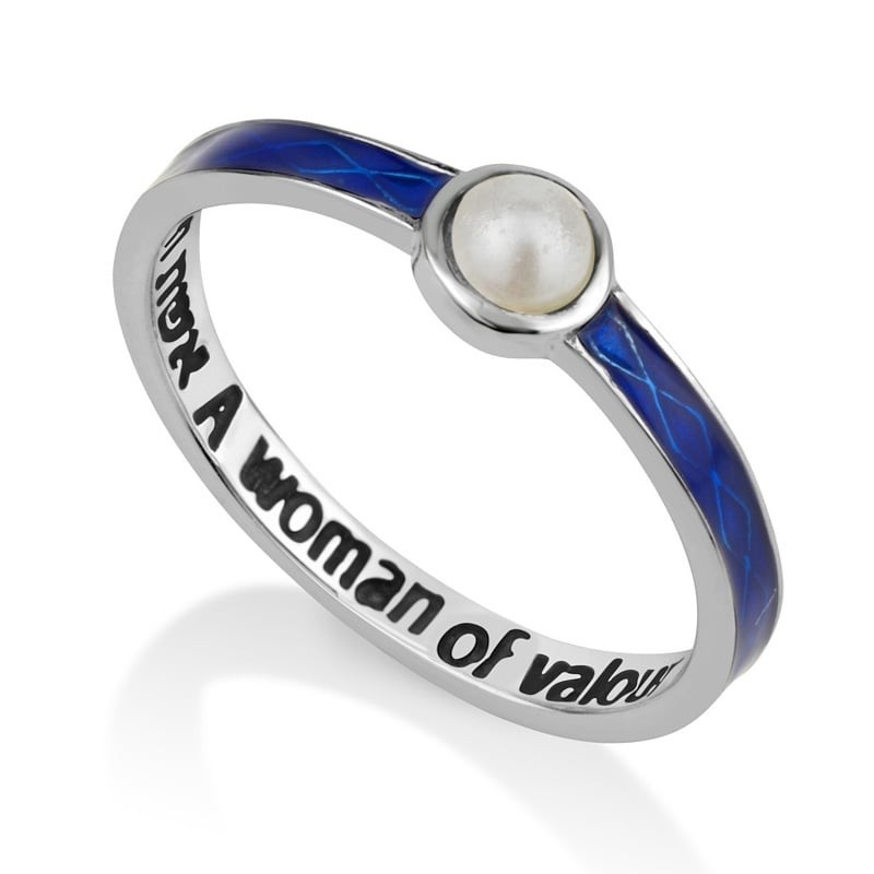 Women's Eshet Chayil (Woman of Valor) Sterling Silver Ring with Pearl