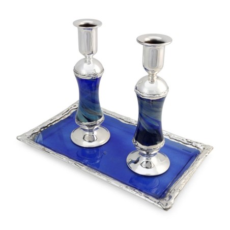 Antique Blue Glass and Sterling Silver-Plated Shabbat Candlesticks