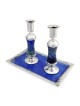 Antique Blue Glass and Sterling Silver-Plated Shabbat Candlesticks
