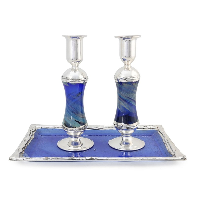 Antique Blue Glass and Sterling Silver-Plated Shabbat Candlesticks