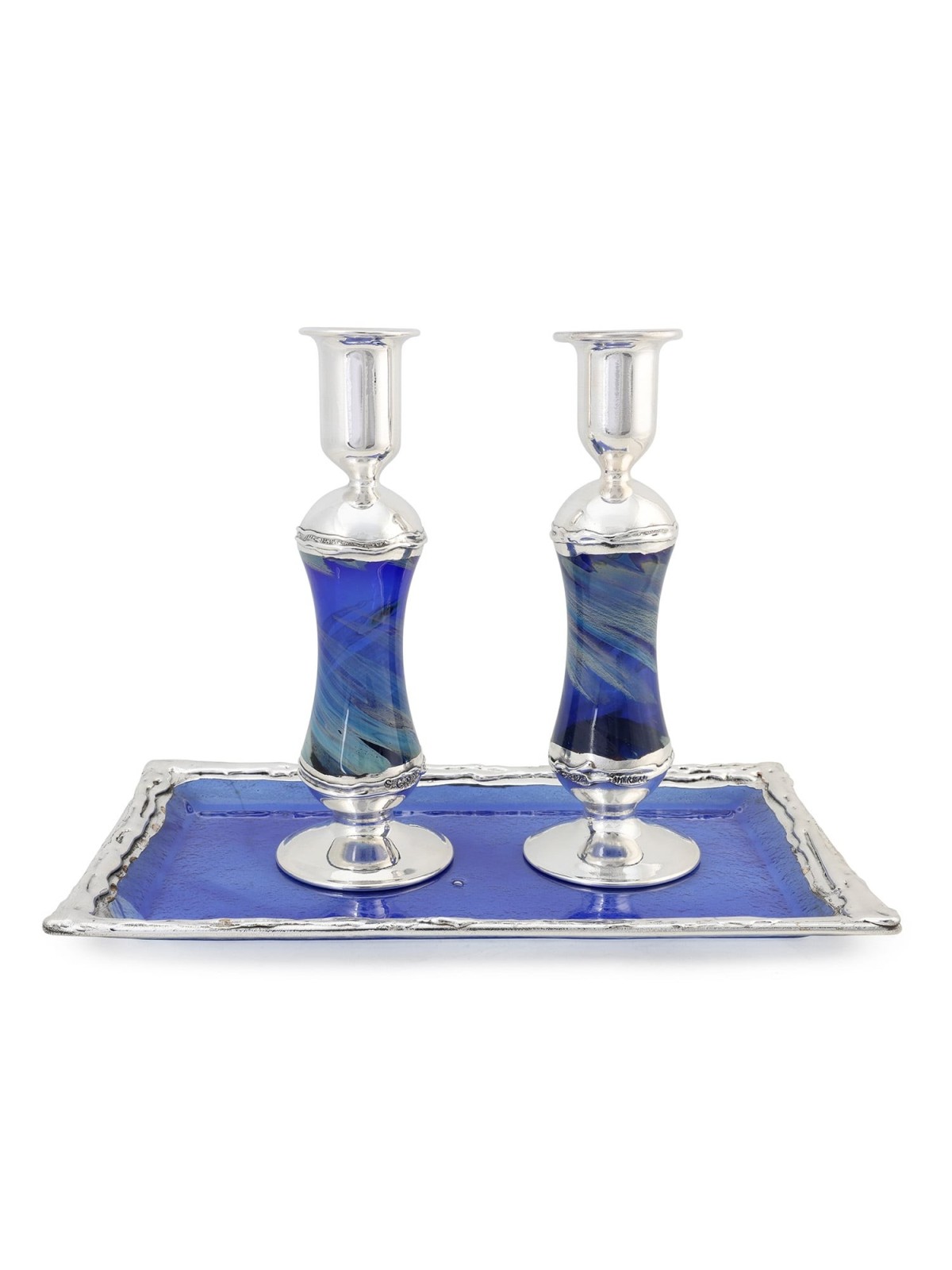 Antique Blue Glass and Sterling Silver-Plated Shabbat Candlesticks