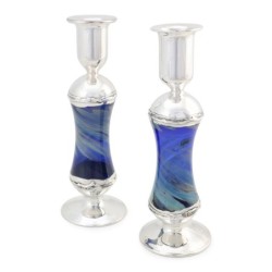 Antique Blue Glass and Sterling Silver-Plated Shabbat Candlesticks