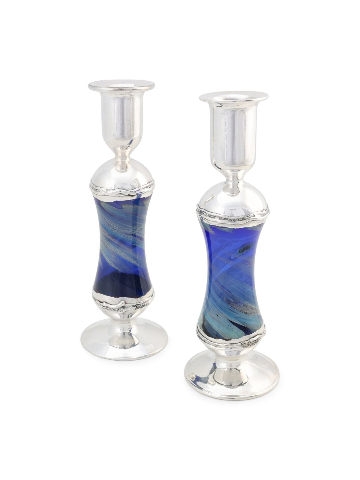 Antique Blue Glass and Sterling Silver-Plated Shabbat Candlesticks