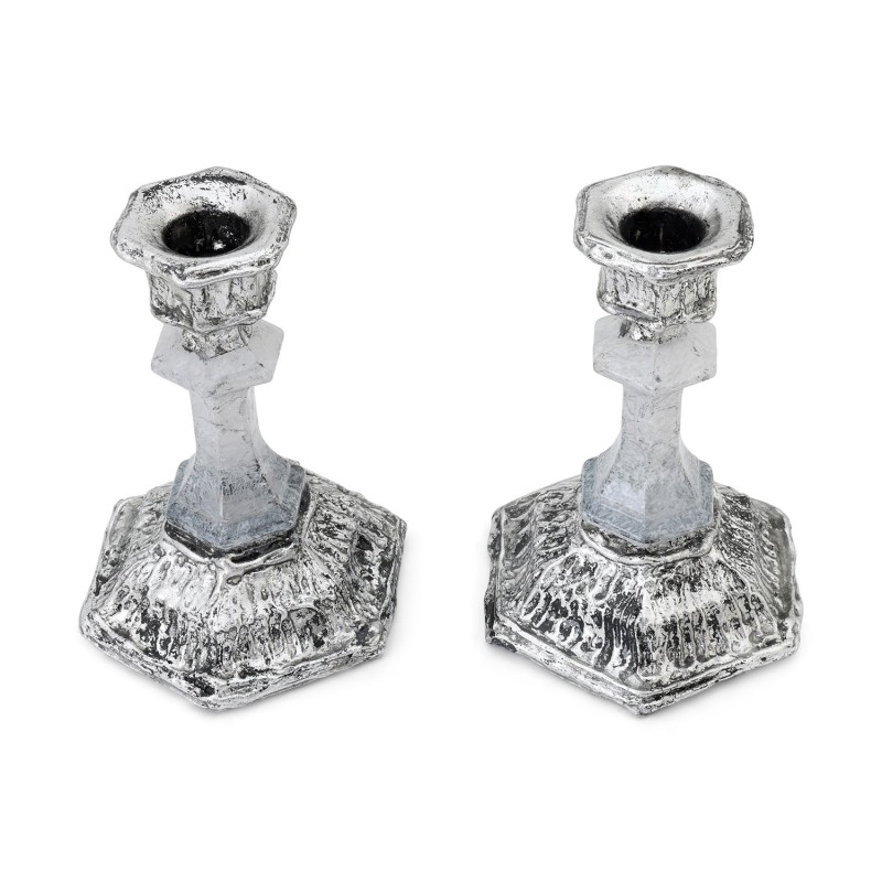 Frosted Glass and Sterling Silver-Plated Shabbat Candlesticks with Wid