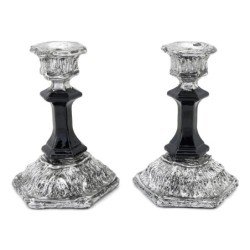 Black Glass and Sterling Silver-Plated Shabbat Candlesticks with Wide