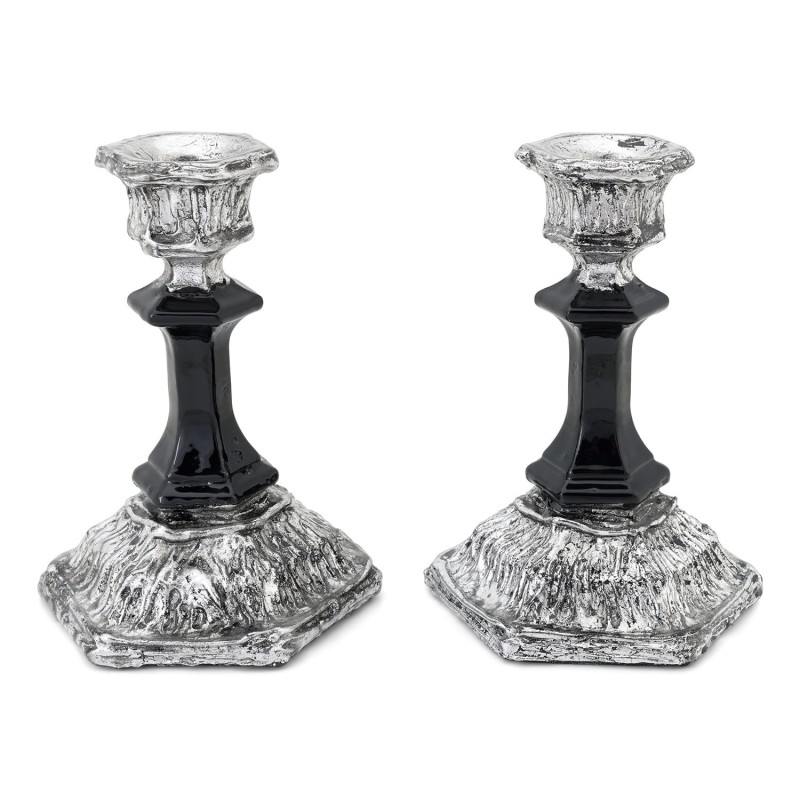 Black Glass and Sterling Silver-Plated Shabbat Candlesticks with Wide