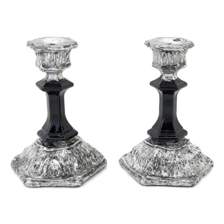 Black Glass and Sterling Silver-Plated Shabbat Candlesticks with Wide