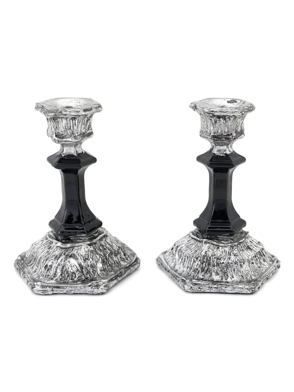 Black Glass and Sterling Silver-Plated Shabbat Candlesticks with Wide