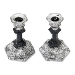 Black Glass and Sterling Silver-Plated Shabbat Candlesticks with Wide
