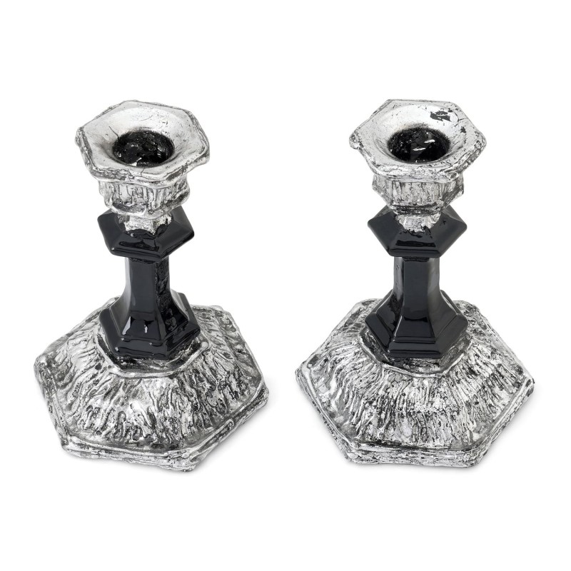 Black Glass and Sterling Silver-Plated Shabbat Candlesticks with Wide