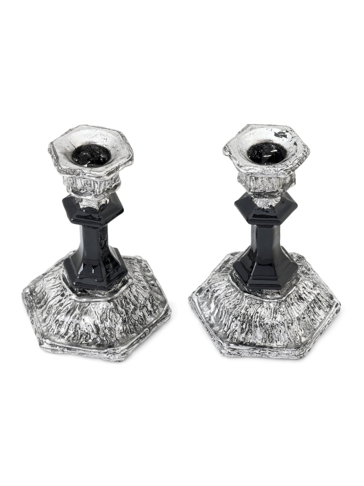 Black Glass and Sterling Silver-Plated Shabbat Candlesticks with Wide