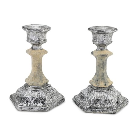 Cream Glass and Sterling Silver-Plated Shabbat Candlesticks with Wide
