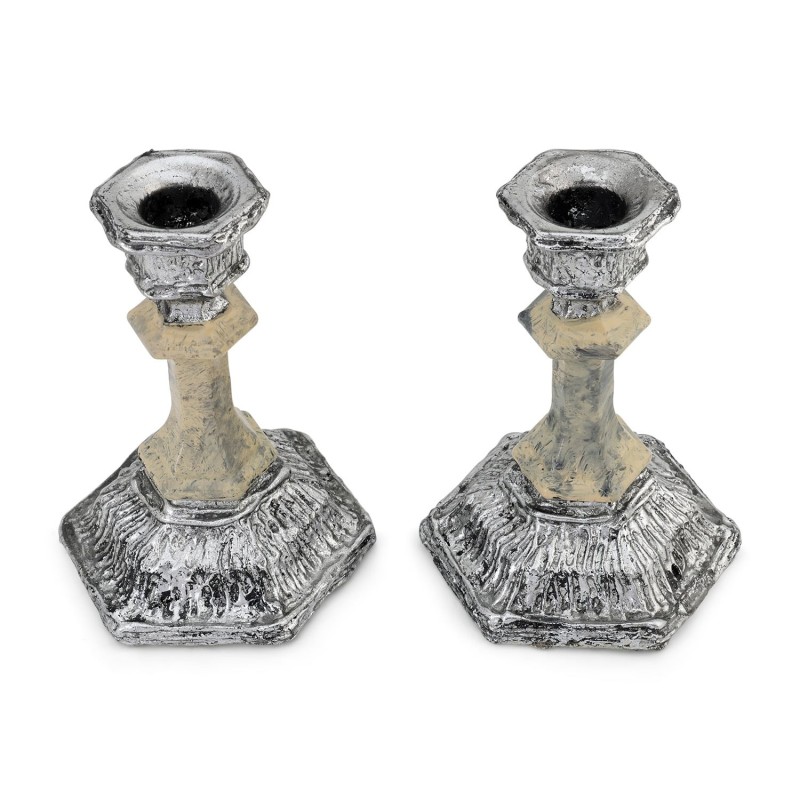 Cream Glass and Sterling Silver-Plated Shabbat Candlesticks with Wide