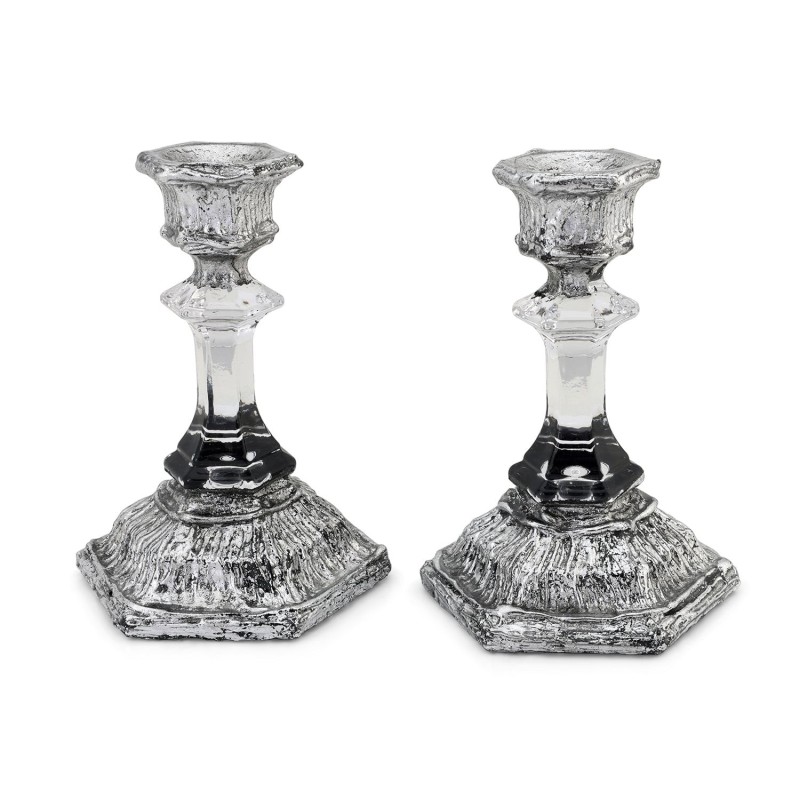 Glass and Sterling Silver-Plated Shabbat Candlesticks with Wide Base