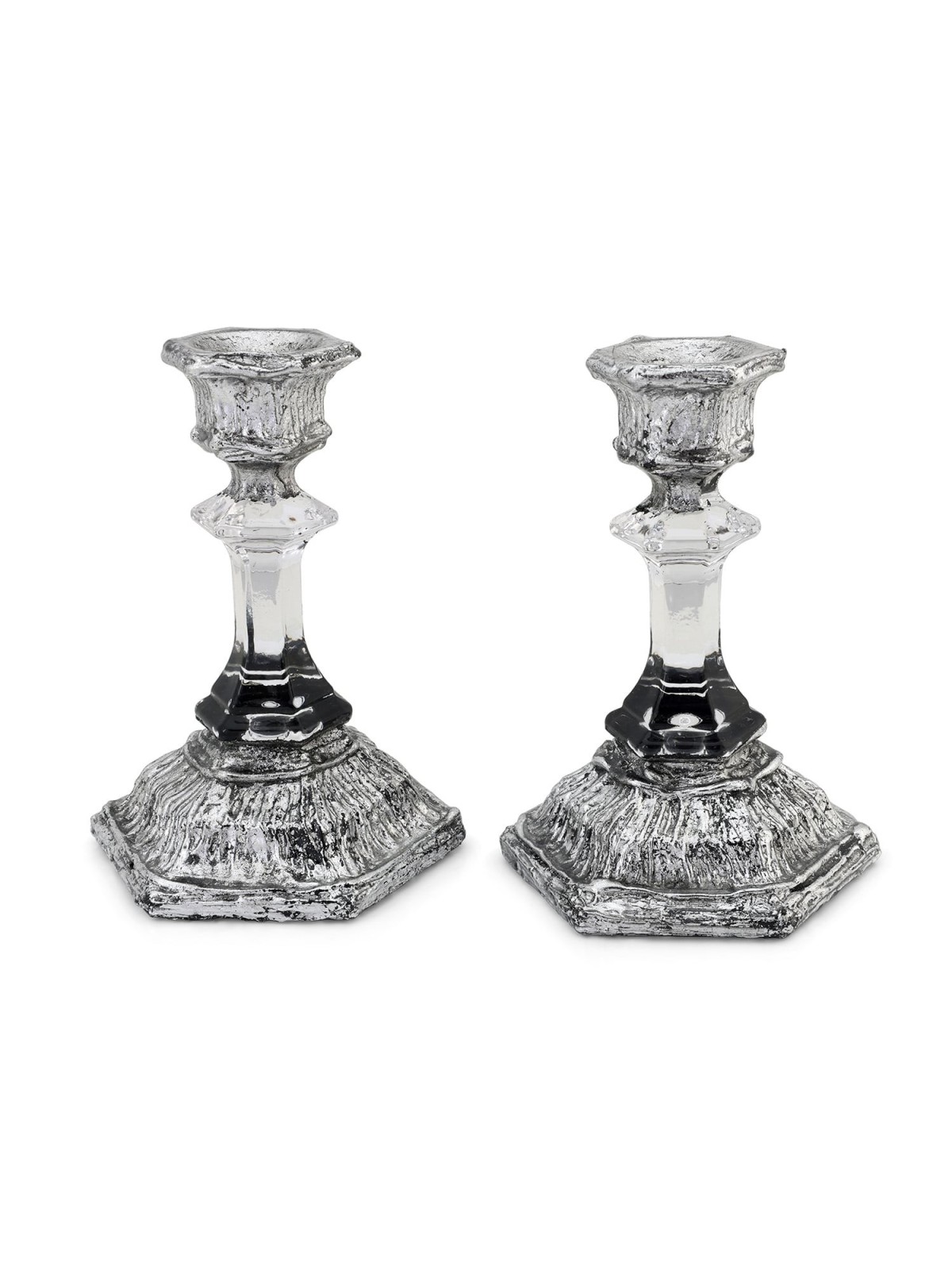 Glass and Sterling Silver-Plated Shabbat Candlesticks with Wide Base