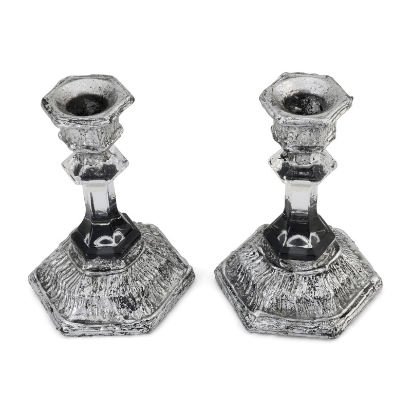 Glass and Sterling Silver-Plated Shabbat Candlesticks with Wide Base
