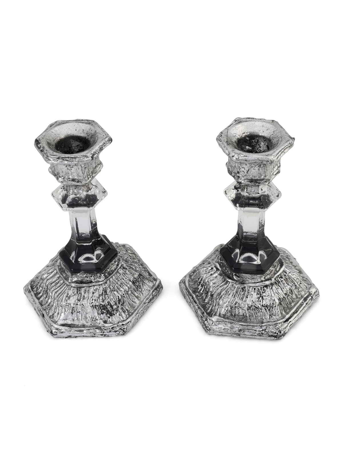 Glass and Sterling Silver-Plated Shabbat Candlesticks with Wide Base
