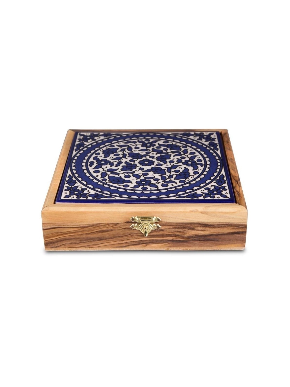 Blue Flowers: Olive Wood & Armenian Ceramic Jewelry Box