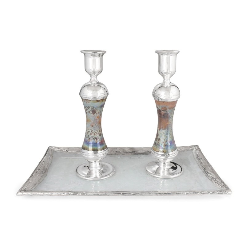 Handmade Variegated Glass and Sterling Silver-Plated Shabbat Candlesti